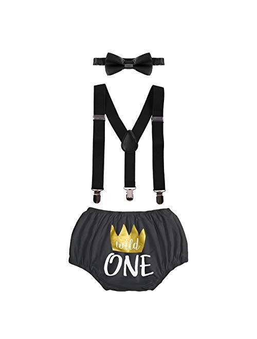 Baby Boys First Birthday Adjustable Y Back Elastic Clip Suspenders Cake Smash Outfit Tuxedo Pre-tied Bloomers Bowtie set