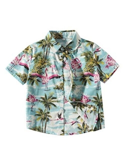 Abolai Boys' Short Sleeve One Pocket Dinosaur Pattern Woven Shirt