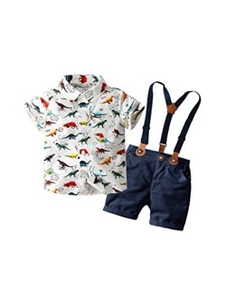 Abolai Boys' Short Sleeve One Pocket Dinosaur Pattern Woven Shirt