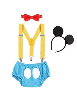 Baby Boys First Birthday 1st/2nd/3rd Costume Cake Smash Outfits Y Back Suspenders Bloomers Bowtie Set Mouse Ear