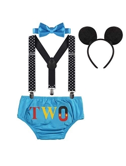 Baby Boys First Birthday 1st/2nd/3rd Costume Cake Smash Outfits Y Back Suspenders Bloomers Bowtie Set Mouse Ear