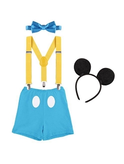 Baby Boys First Birthday 1st/2nd/3rd Costume Cake Smash Outfits Y Back Suspenders Bloomers Bowtie Set Mouse Ear