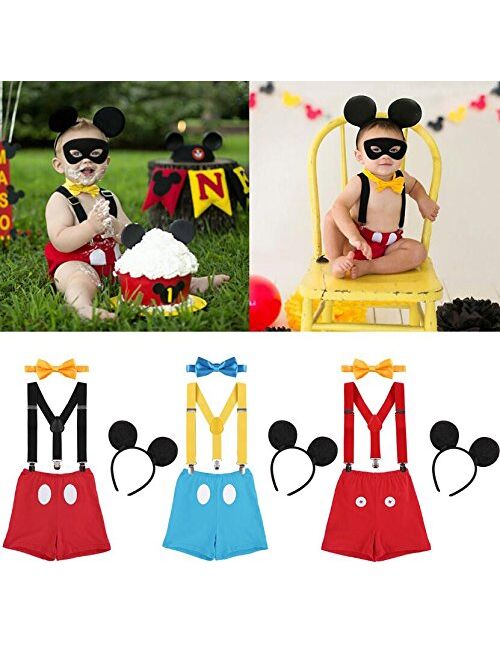 IBTOM CASTLE Baby Boys First Birthday 1st/2nd/3rd Costume Cake Smash Outfits Y Back Suspenders Bloomers Bowtie Set Mouse Ear