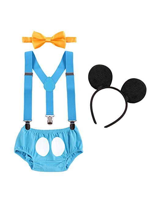 IBTOM CASTLE Baby Boys First Birthday 1st/2nd/3rd Costume Cake Smash Outfits Y Back Suspenders Bloomers Bowtie Set Mouse Ear