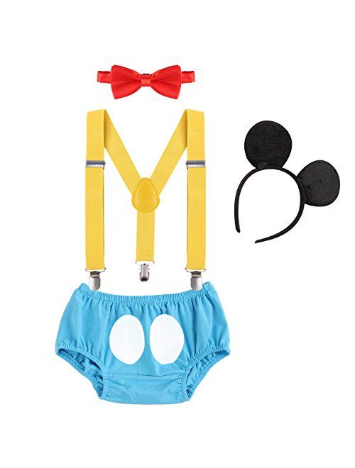 IBTOM CASTLE Baby Boys First Birthday 1st/2nd/3rd Costume Cake Smash Outfits Y Back Suspenders Bloomers Bowtie Set Mouse Ear