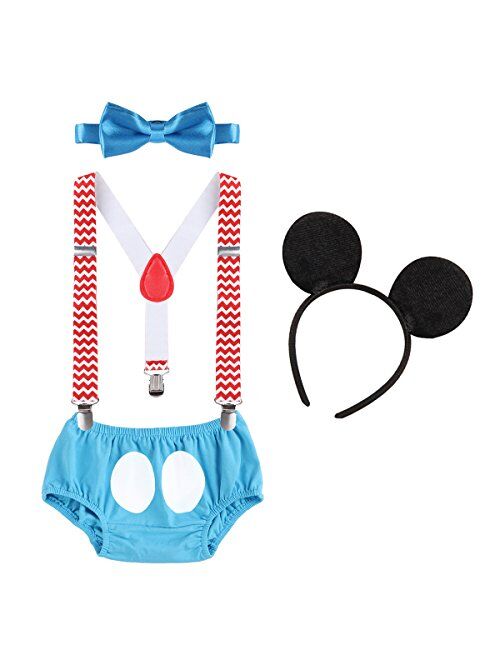 IBTOM CASTLE Baby Boys First Birthday 1st/2nd/3rd Costume Cake Smash Outfits Y Back Suspenders Bloomers Bowtie Set Mouse Ear