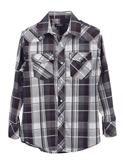 Boys Casual Western Plaid Long Sleeve Pearl Snaps Shirt