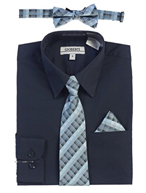 Gioberti Boy's Long Sleeve Dress Shirt + Plaid Tie, Bow Tie and Hanky