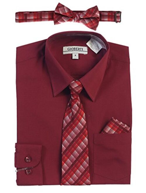 Gioberti Boy's Long Sleeve Dress Shirt + Plaid Tie, Bow Tie and Hanky