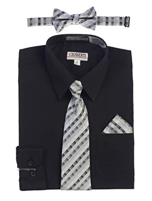 Gioberti Boy's Long Sleeve Dress Shirt + Plaid Tie, Bow Tie and Hanky