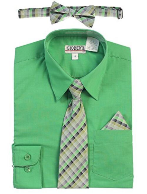 Gioberti Boy's Long Sleeve Dress Shirt + Plaid Tie, Bow Tie and Hanky