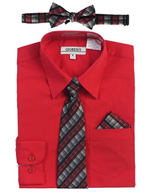 Gioberti Boy's Long Sleeve Dress Shirt + Plaid Tie, Bow Tie and Hanky