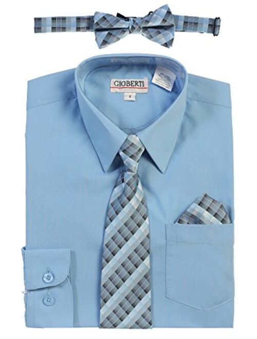 Gioberti Boy's Long Sleeve Dress Shirt + Plaid Tie, Bow Tie and Hanky