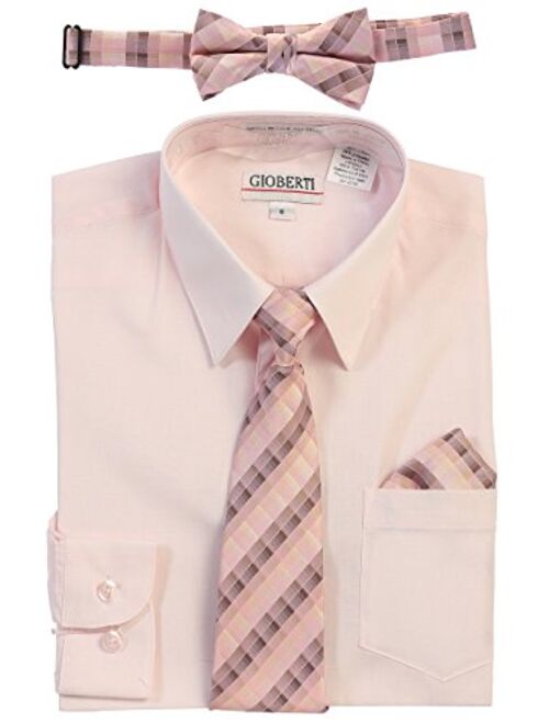 Gioberti Boy's Long Sleeve Dress Shirt + Plaid Tie, Bow Tie and Hanky