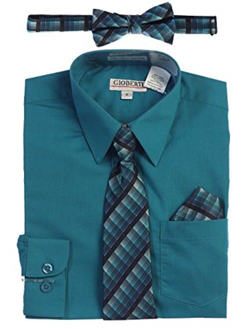 Gioberti Boy's Long Sleeve Dress Shirt + Plaid Tie, Bow Tie and Hanky