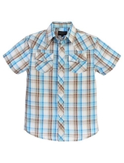 Boys Casual Western Plaid Pearl Snap-on Buttons Short Sleeve Shirt