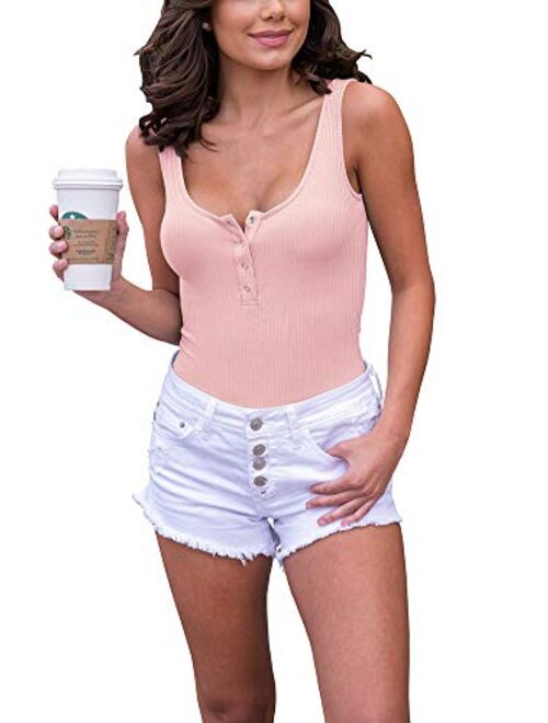 INFITTY Womens Sexy Backless Bodysuits Tops Slim Fit Short Sleeve Button Down Shirts