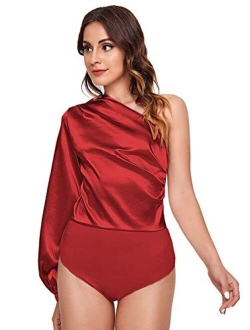 Women's One Shoulder Long Sleeve High Waist Satin Bodysuit Leotard