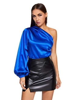 Women's One Shoulder Long Sleeve High Waist Satin Bodysuit Leotard