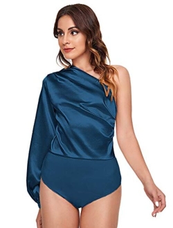 Women's One Shoulder Long Sleeve High Waist Satin Bodysuit Leotard