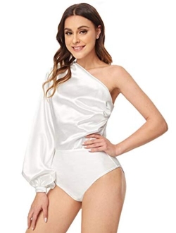 Women's One Shoulder Long Sleeve High Waist Satin Bodysuit Leotard