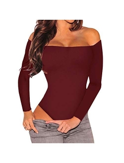 MAYFASEY Women's Sexy Off Shoulder Long Sleeve Bodycon Bodysuit Leotard Jumpsuit Tops