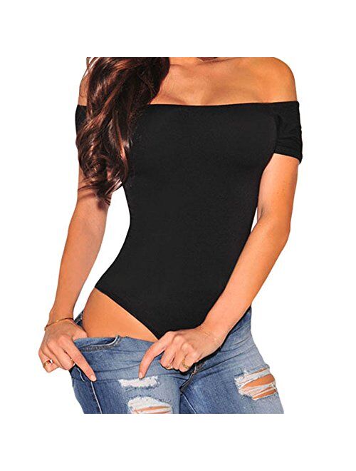 MAYFASEY Women's Sexy Off Shoulder Long Sleeve Bodycon Bodysuit Leotard Jumpsuit Tops