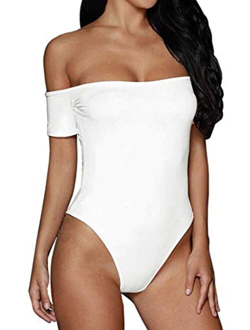 MAYFASEY Women's Sexy Off Shoulder Long Sleeve Bodycon Bodysuit Leotard Jumpsuit Tops