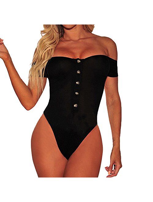 MAYFASEY Women's Sexy Off Shoulder Long Sleeve Bodycon Bodysuit Leotard Jumpsuit Tops