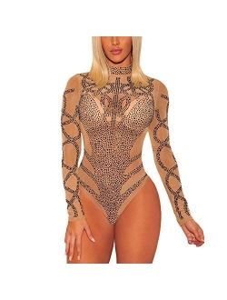 Lrady Women's Sheer Mesh Turtleneck Neck See Through Leotard Bodysuit Body Tops