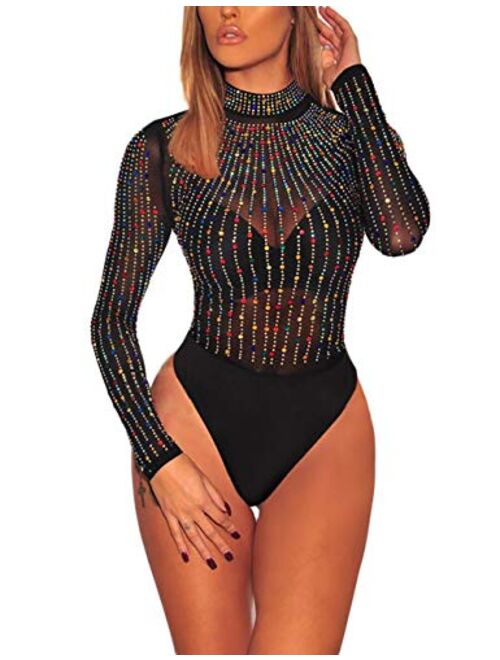 Lrady Women's Sheer Mesh Turtleneck Neck See Through Leotard Bodysuit Body Tops