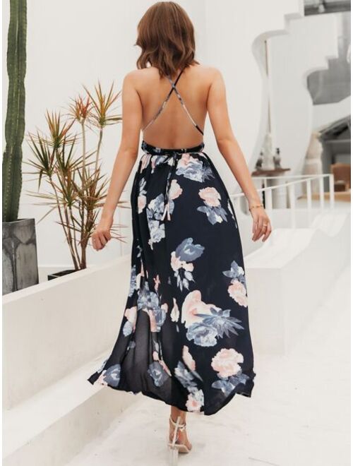 Shein Simplee Lace Up Backless Wrap Floral Dress