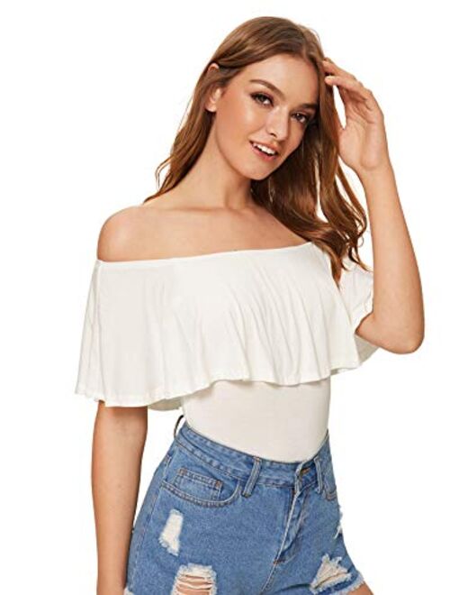 Verdusa Women's Off The Shoulder Short Sleeve Ruffle Bodysuit