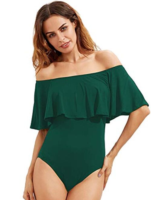 Verdusa Women's Off The Shoulder Short Sleeve Ruffle Bodysuit