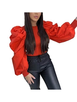 IyMoo Peplum Tops for Women - Pullover Sweaters Long Sleeve Bodysuit Round Neck Puff Sleeve Elegant Blouse