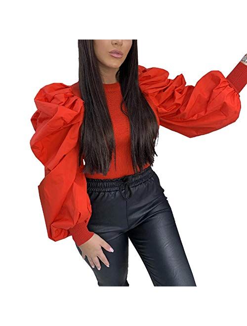 IyMoo Peplum Tops for Women - Pullover Sweaters Long Sleeve Bodysuit Round Neck Puff Sleeve Elegant Blouse