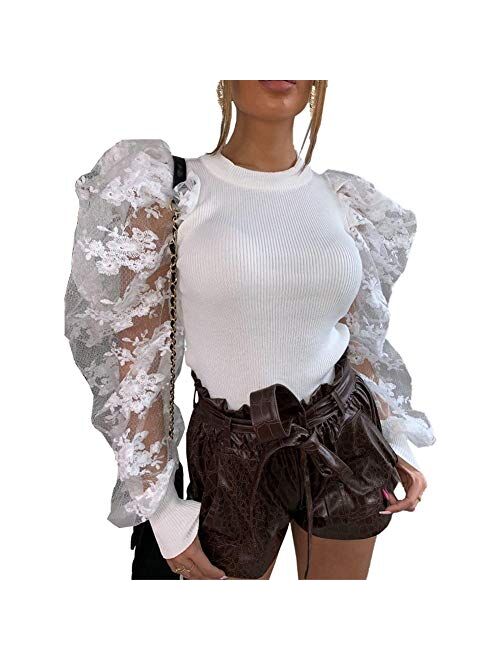 IyMoo Peplum Tops for Women - Pullover Sweaters Long Sleeve Bodysuit Round Neck Puff Sleeve Elegant Blouse