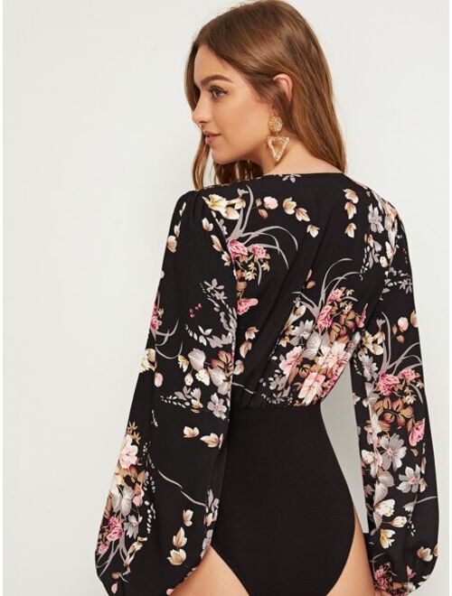 Shein Plunging Neck Lantern Sleeve Floral Print Combo Bodysuit