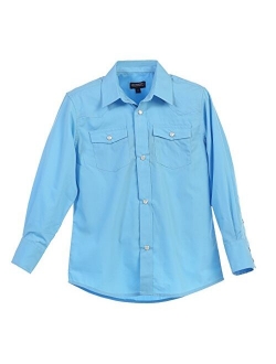 Boys Casual Western Solid Long Sleeve Shirt with Pearl Snaps