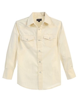 Boys Casual Western Solid Long Sleeve Shirt with Pearl Snaps