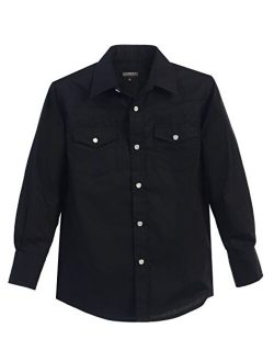 Boys Casual Western Solid Long Sleeve Shirt with Pearl Snaps