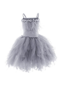 OBEEII Little Girl Swan Princess Feather Fringes Tutu Dress Pageant Party Wedding Dance Formal Birthday Short Tiered Gown