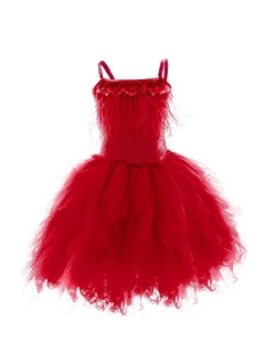 OBEEII Little Girl Swan Princess Feather Fringes Tutu Dress Pageant Party Wedding Dance Formal Birthday Short Tiered Gown