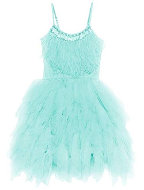 OBEEII Little Girl Swan Princess Feather Fringes Tutu Dress Pageant Party Wedding Dance Formal Birthday Short Tiered Gown