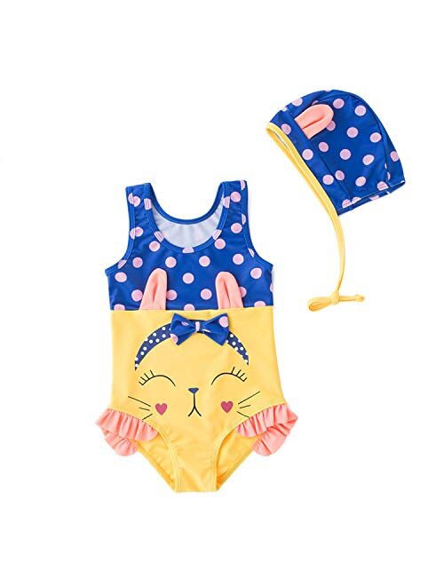 stylesilove Toddler Kids Girl Cute and Fun One-Piece Swimsuit with Hat 2pcs Set Bathing Suit Beach Swimwear