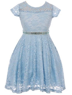 Flower Girl Dress Cap Sleeve Jewel Belt Floral Lace All Over