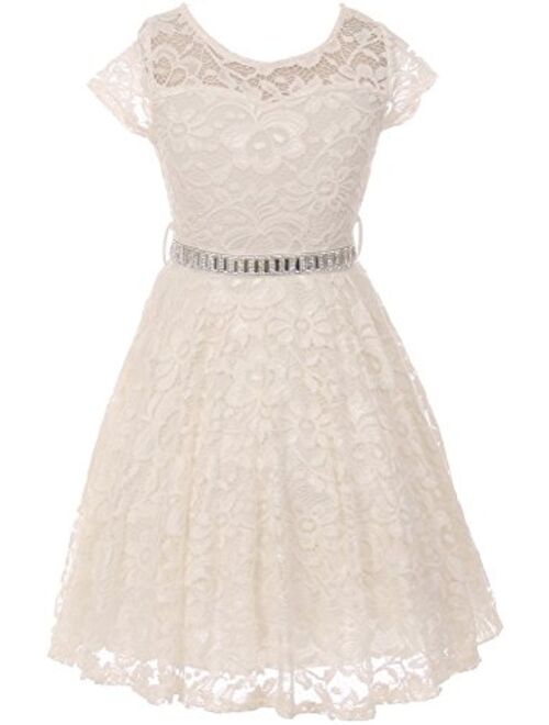 Flower Girl Dress Cap Sleeve Jewel Belt Floral Lace All Over