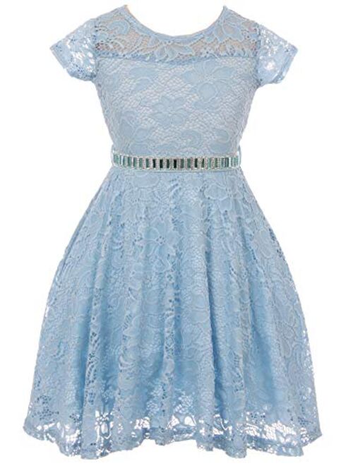 Flower Girl Dress Cap Sleeve Jewel Belt Floral Lace All Over