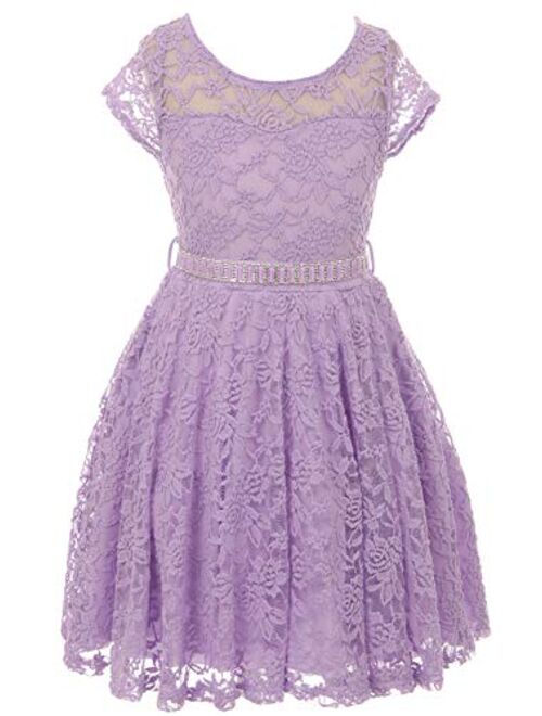 Flower Girl Dress Cap Sleeve Jewel Belt Floral Lace All Over