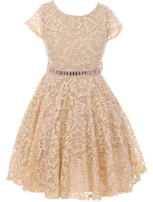 Flower Girl Dress Cap Sleeve Jewel Belt Floral Lace All Over